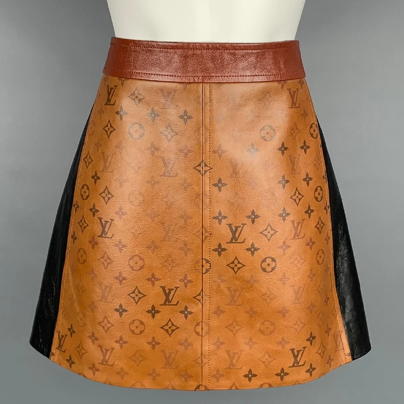 LOUIS VUITTON SS 2021 Size 4 Brown Leather Tattoo Monogram A-line Mini Skirt