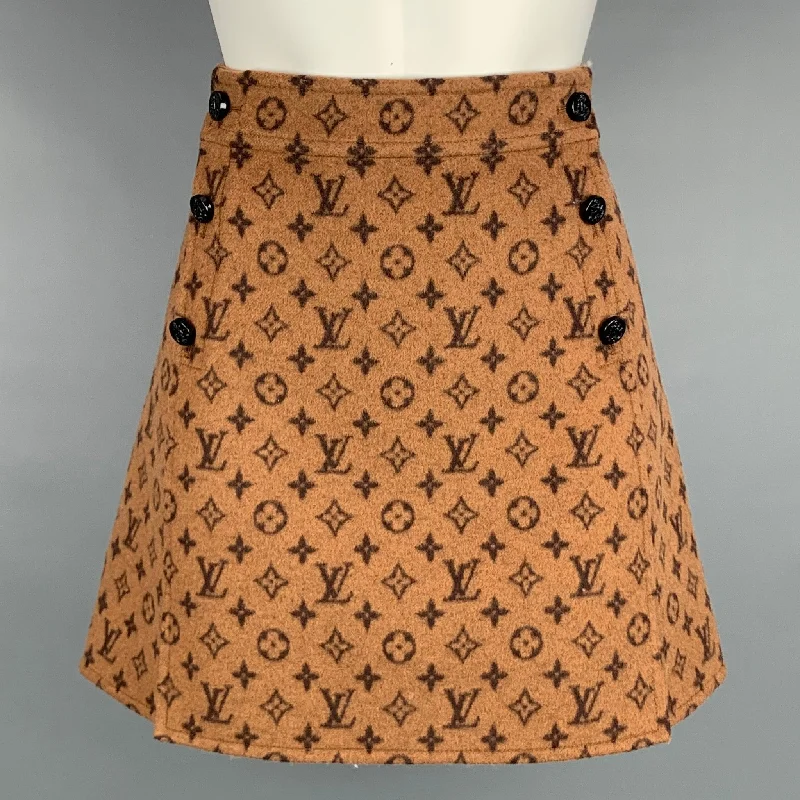 LOUIS VUITTON FW 2020 Size 4 Tan Wool / Silk A-line Monogram Mini Skirt