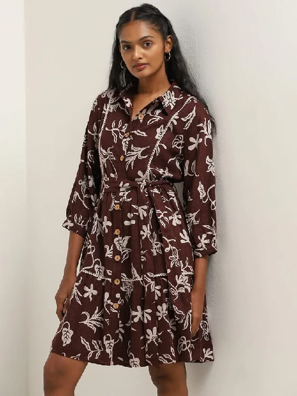 LOV Brown Floral Design Shirt Cotton Dress with Belt