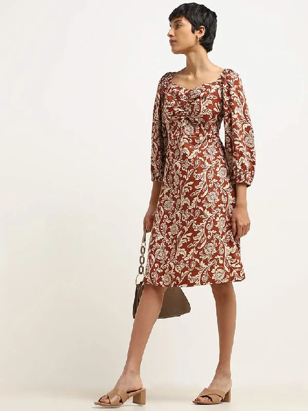 LOV Dark Rust Printed Crepe Blended Linen A-Line Dress