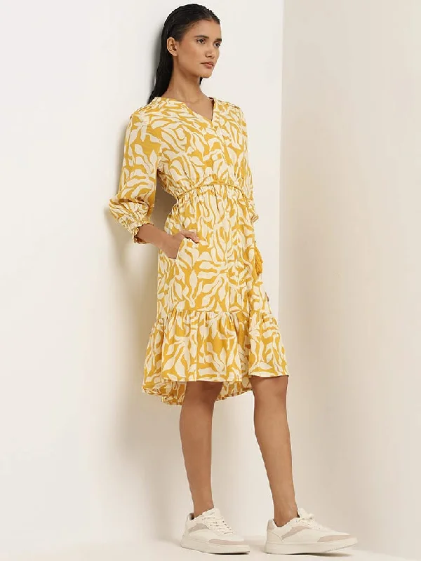 LOV Yellow Printed Tiered Dress with Belt