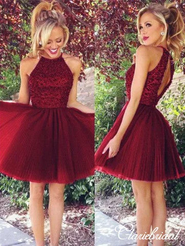 Lovely Beaded Top Tulle Skirt Short Prom Dresses, Open Back Homecoming Dresses