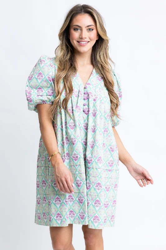 Paris Floral Vneck Puff Sleeve Dress