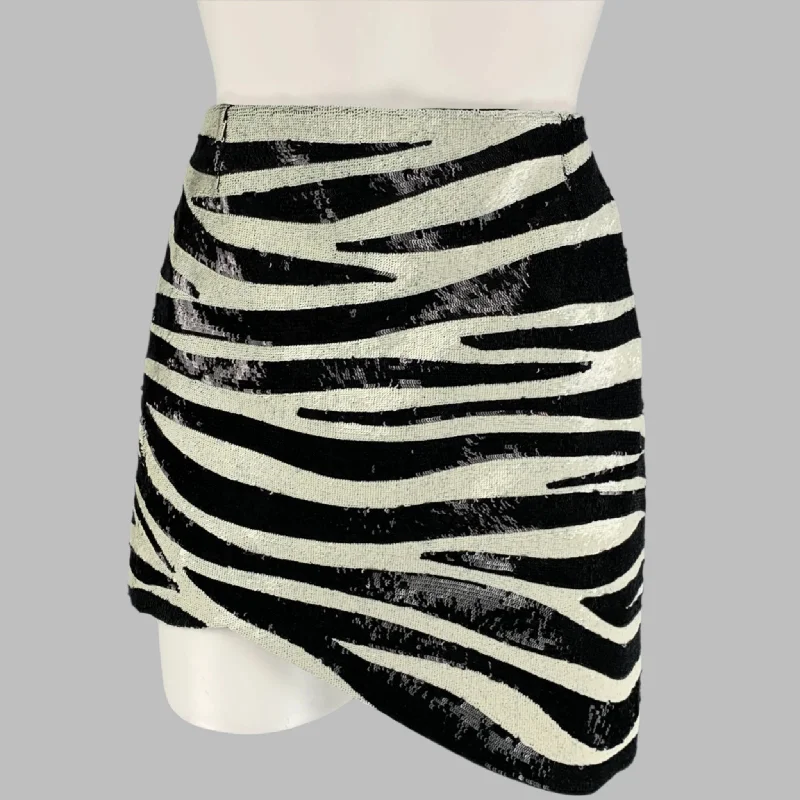 SAINT LAURENT Size 2 Black Cream Zebra Print Stripe Acetate Viscose Sequined Mini Skirt