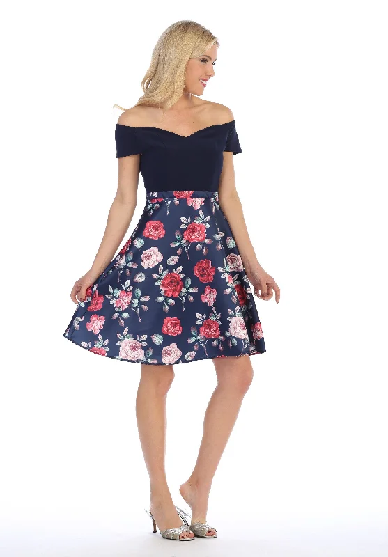 Short Off the Shoulder Dress with Print Skirt by Celavie 6308