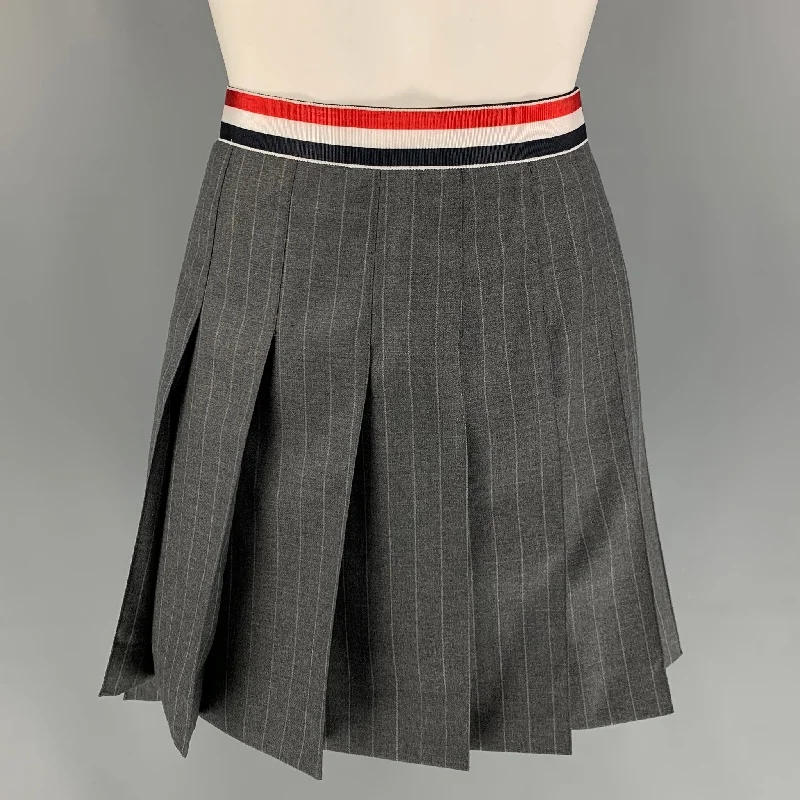 THOM BROWNE Size 2 Gray Charcoal Wool Pleated Flannel Mini Skirt