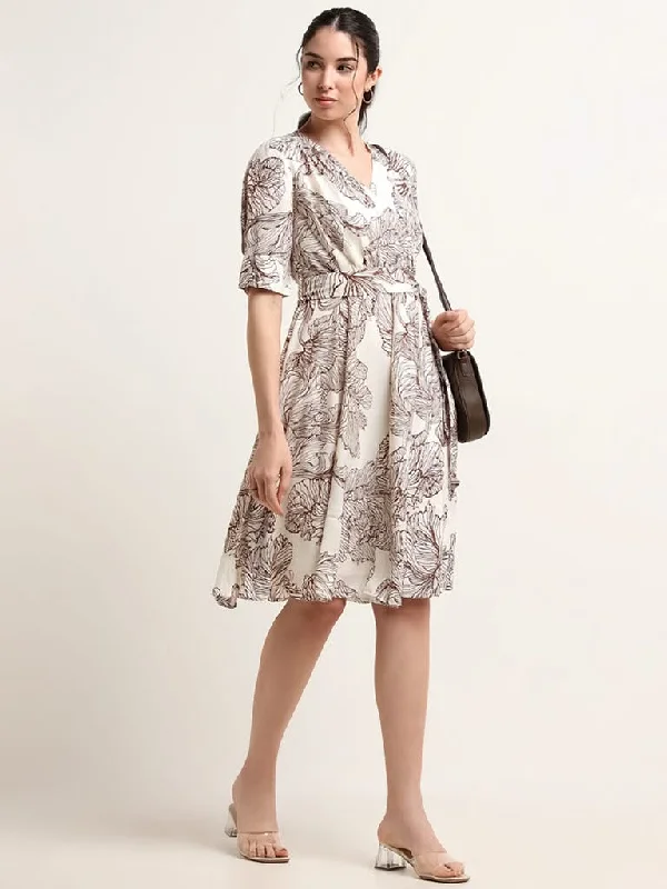 Wardrobe Off-White Printed A-Line Dress with Belt