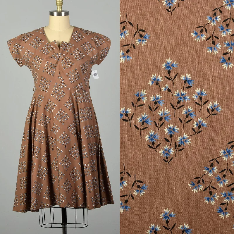 XL 1950s Brown Cotton Day Dress Blue Floral Print Short Sleeves