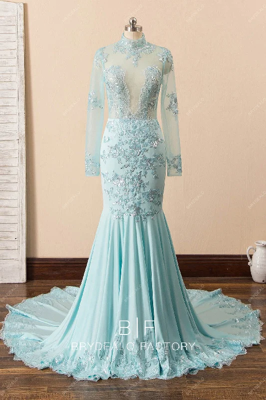 Ice Blue Sequined Lace Jersey Mermaid Prom Dress Lace Dress Glamour