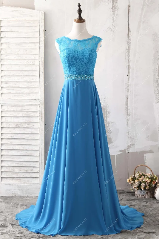 Ocean Blue Lace Chiffon V-back Bridesmaid Dress Off-the-shoulder Lace