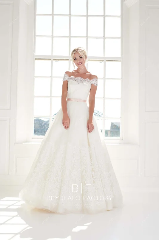 Off Shoulder Elegant Lace Floor Length Ball Gown Fall Bridal Dress Layered Lace Dress