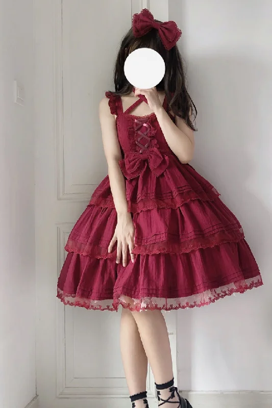 Red First Love Triple-Layered Ruffle Bowknot Lace Sweet Lolita Jsk Dress Light Lace Dress Red First Love Triple-Layered Ruffle Bowknot Lace Sweet Lolita Jsk Dress Light Lace Dress