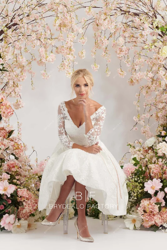 Sheer Sleeves Designer Lace V-Neck Tea-Length Bridal Dress Long Sleeve Lace Dress