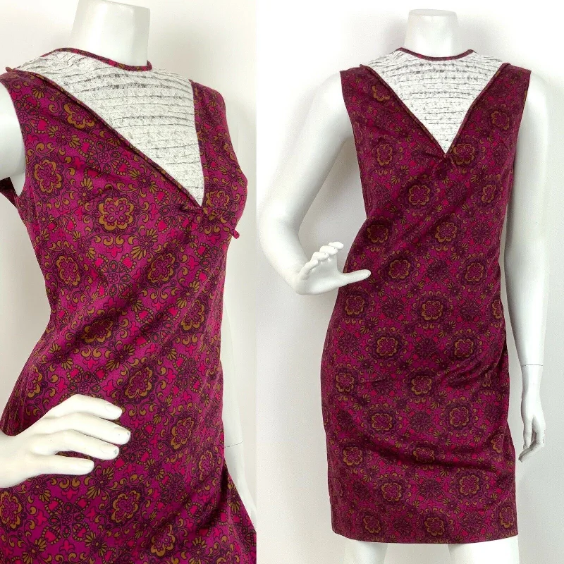 VTG 60s 70s PURPLE PINK BLACK GOLD ARABESQUE FLORAL WHITE LACE SHIFT DRESS 10 Lace Dress Sleek