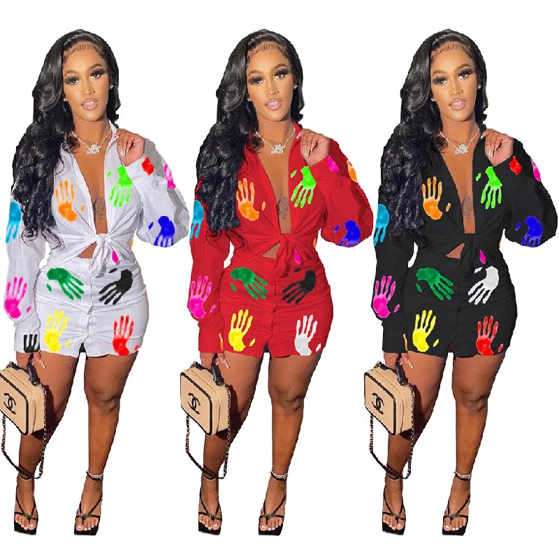 M2105ebay European and American summer women's casual printing long sleeve shirt button short skirt suit two piece set available Lace Detail Maxi