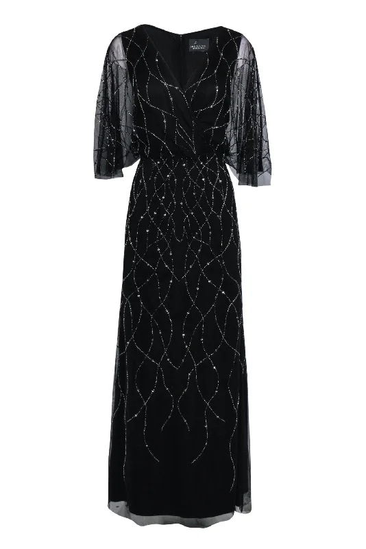 Adrianna Papell - Black Flutter Sleeve Mesh Overlay Gown w/ Beading & Sequins Sz 8