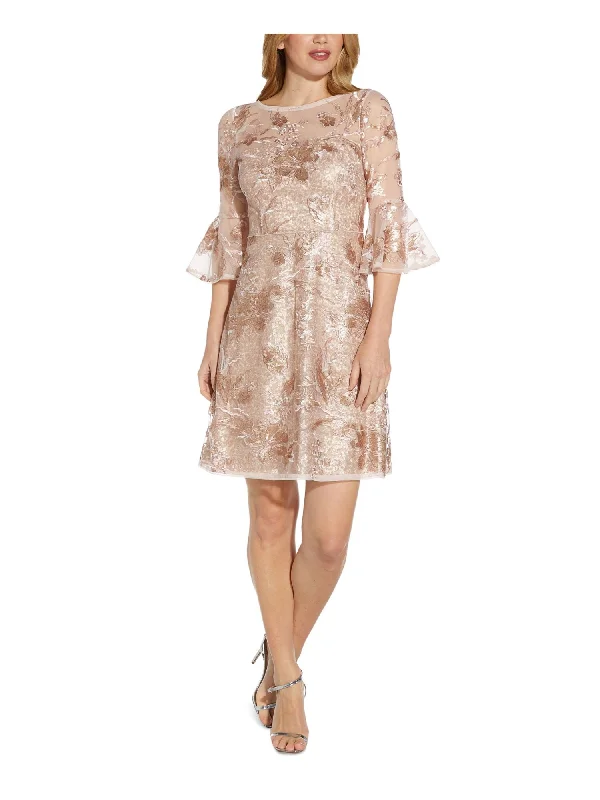 ADRIANNA PAPELL Womens Sequined Floral Bell Sleeve Boat Neck Above The Knee Evening Shift Dress