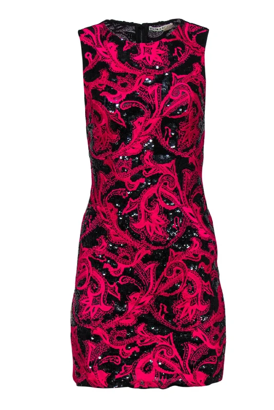 Alice & Olivia - Black Sequin & Hot Pink Embroidered Sheath Dress Sz 6