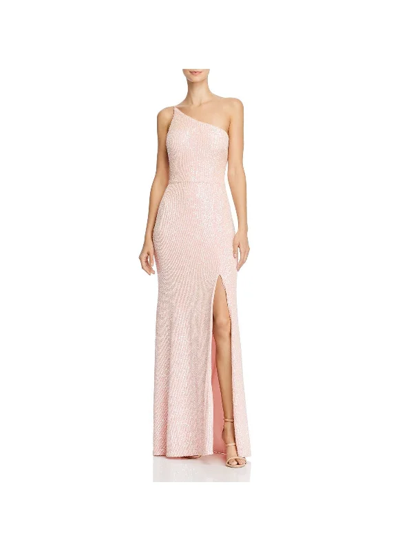 AQUA FORMAL Womens Pink Stretch Sequined Zippered Slitted Lined Sleeveless Asymmetrical Neckline Full-Length Prom Gown Dress