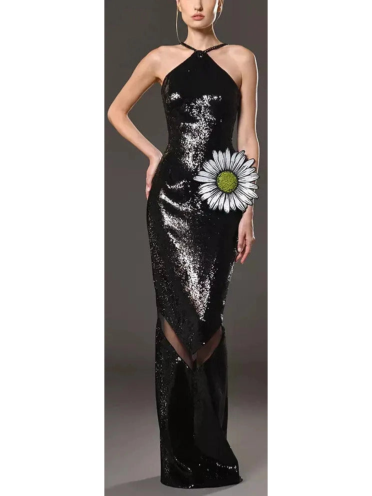 Black Sequined Dress with Daisy Embroidery