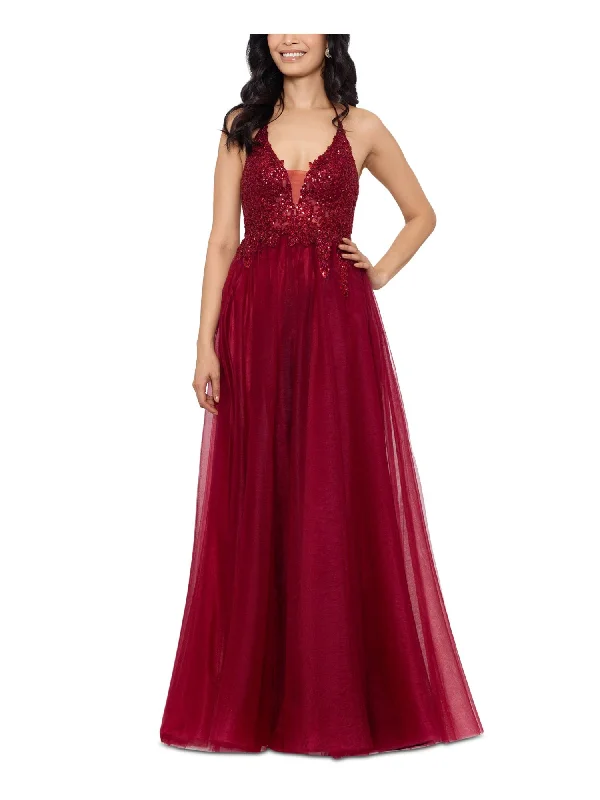 BLONDIE NITES Womens Maroon Sequined Zippered Lined Sleeveless V Neck Full-Length Prom Gown Dress