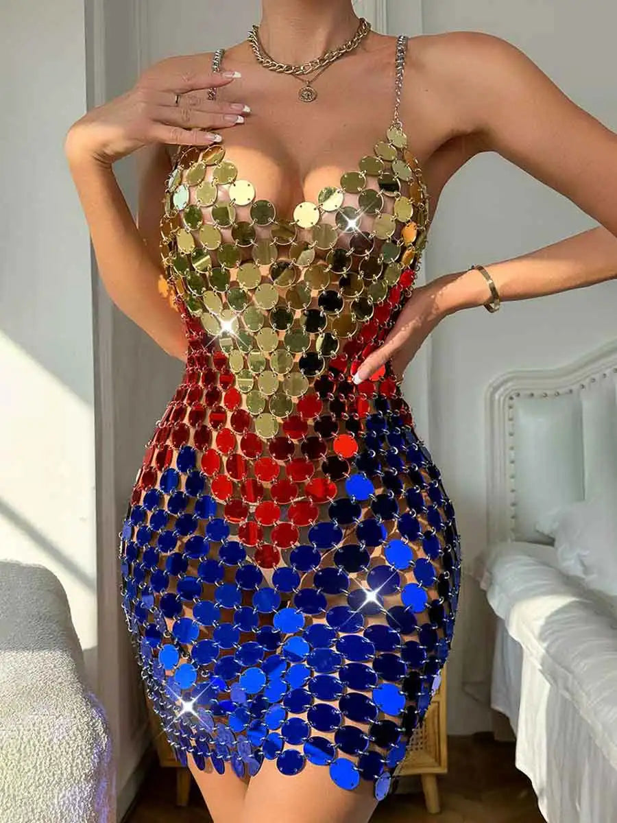 Backless V-neck Gold, Red And Blue Disco Sequin Dress