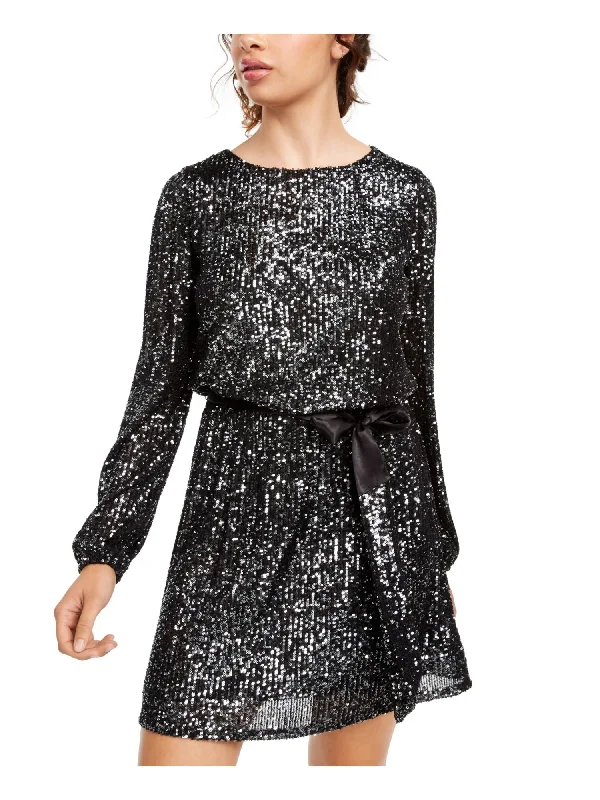 CRYSTAL DOLLS Womens Black Sequined Belted Long Sleeve Jewel Neck Short Evening Fit + Flare Dress