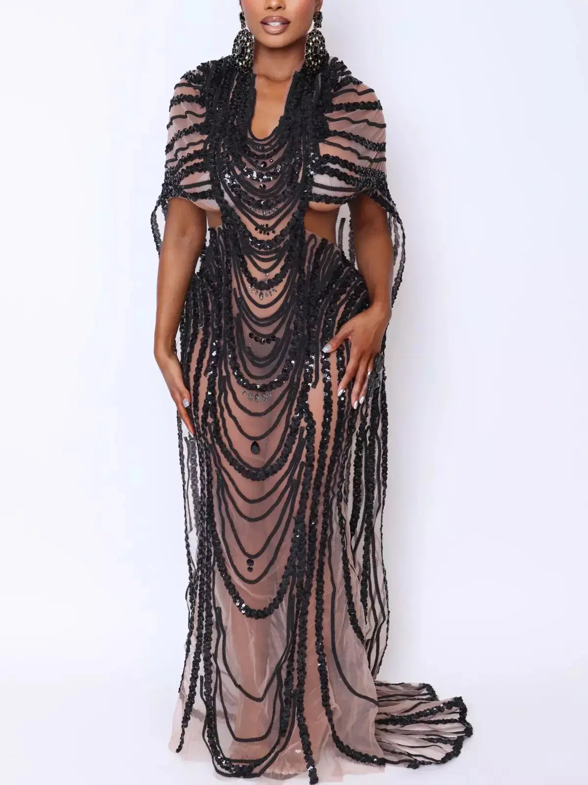 Cut-Out Sequin-Embellished Sheer Mesh Cape Gown in Black