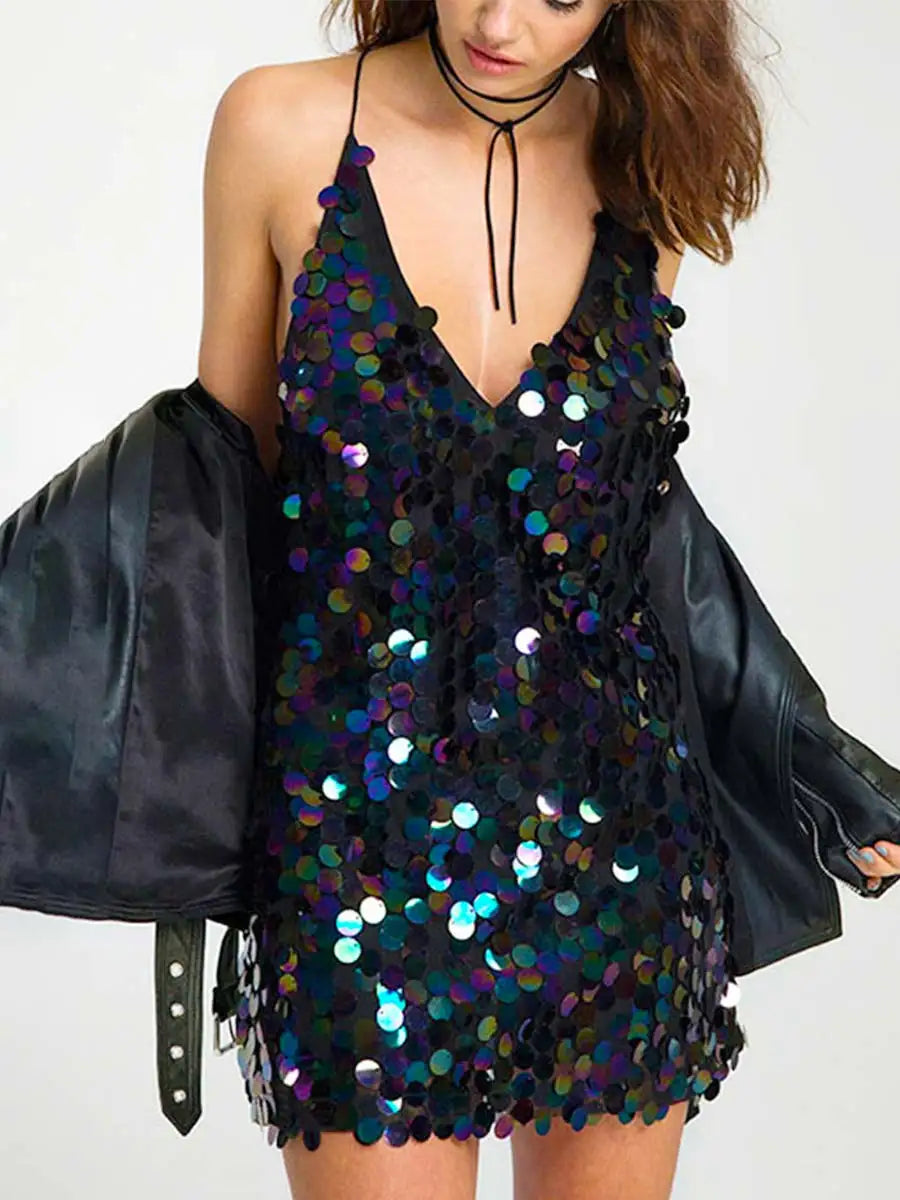 Sexy Deep V Neckline Black Sparkly Sequin Dress