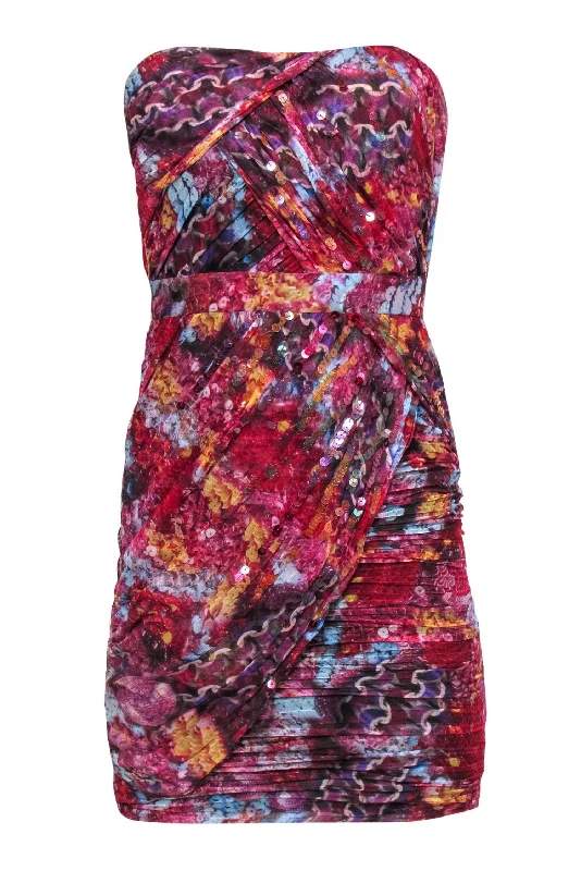 Diane von Furstenberg - Red Printed Draped Strapless Silk Sheath Dress w/ Sequins Sz 2