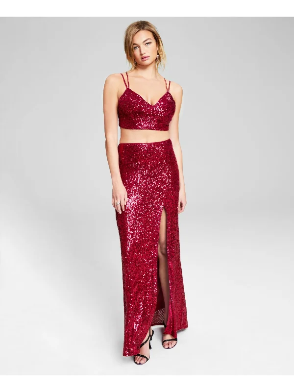 JUMP APPAREL Womens Maroon Sequined Slitted Lined Sleeveless V Neck Full-Length Prom Gown Dress