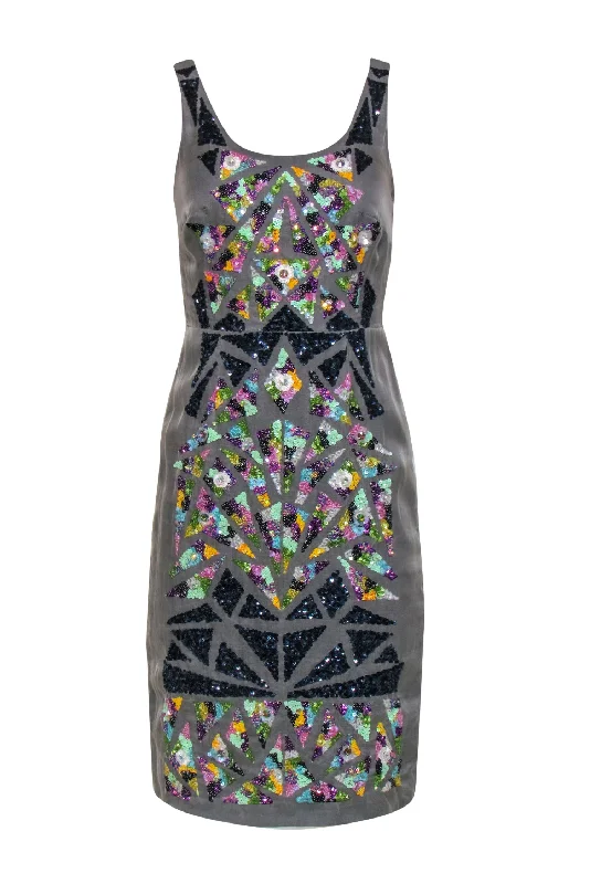 Nicole Miller - Grey Silk Sheath Dress w/ Multicolor Sequin & Jeweled Design Sz 4