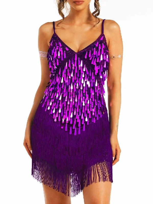 Purple Sequin Tassel Spaghetti Strap Dress