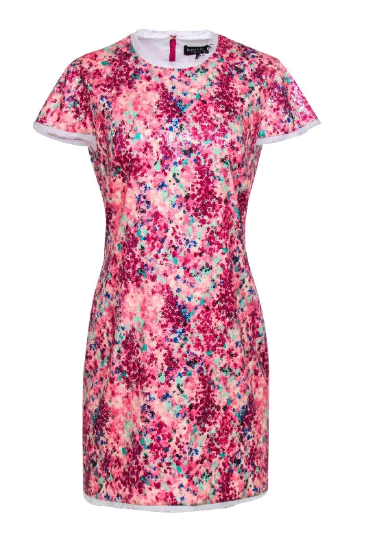 Rachel Zoe - Pink & Multicolored Sequin Abstract Print Cap Sleeve Shift Dress Sz 10