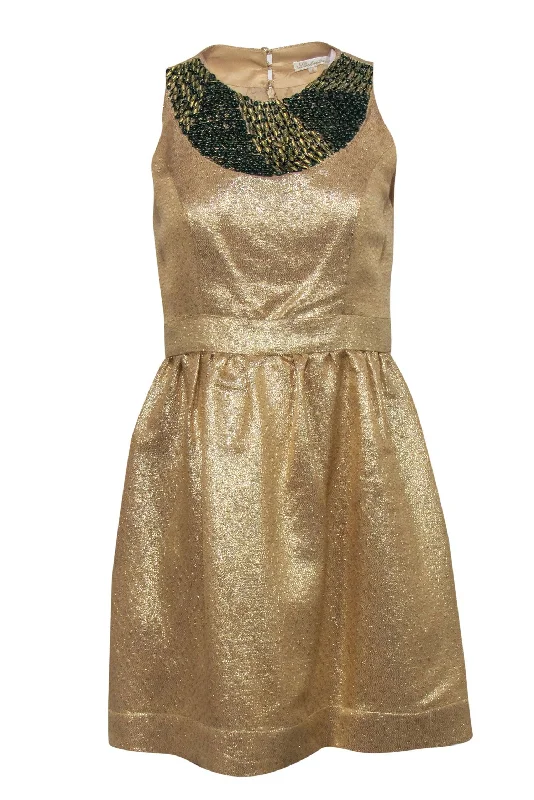 Shoshanna - Gold Brocade Dress w/ Green & Golden Sequins Sz 6