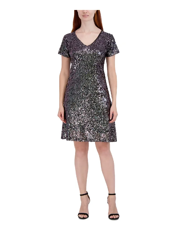 SIGNATURE BY ROBBIE BEE Womens Black Sequined Lined Short Sleeve V Neck Above The Knee Party Sheath Dress