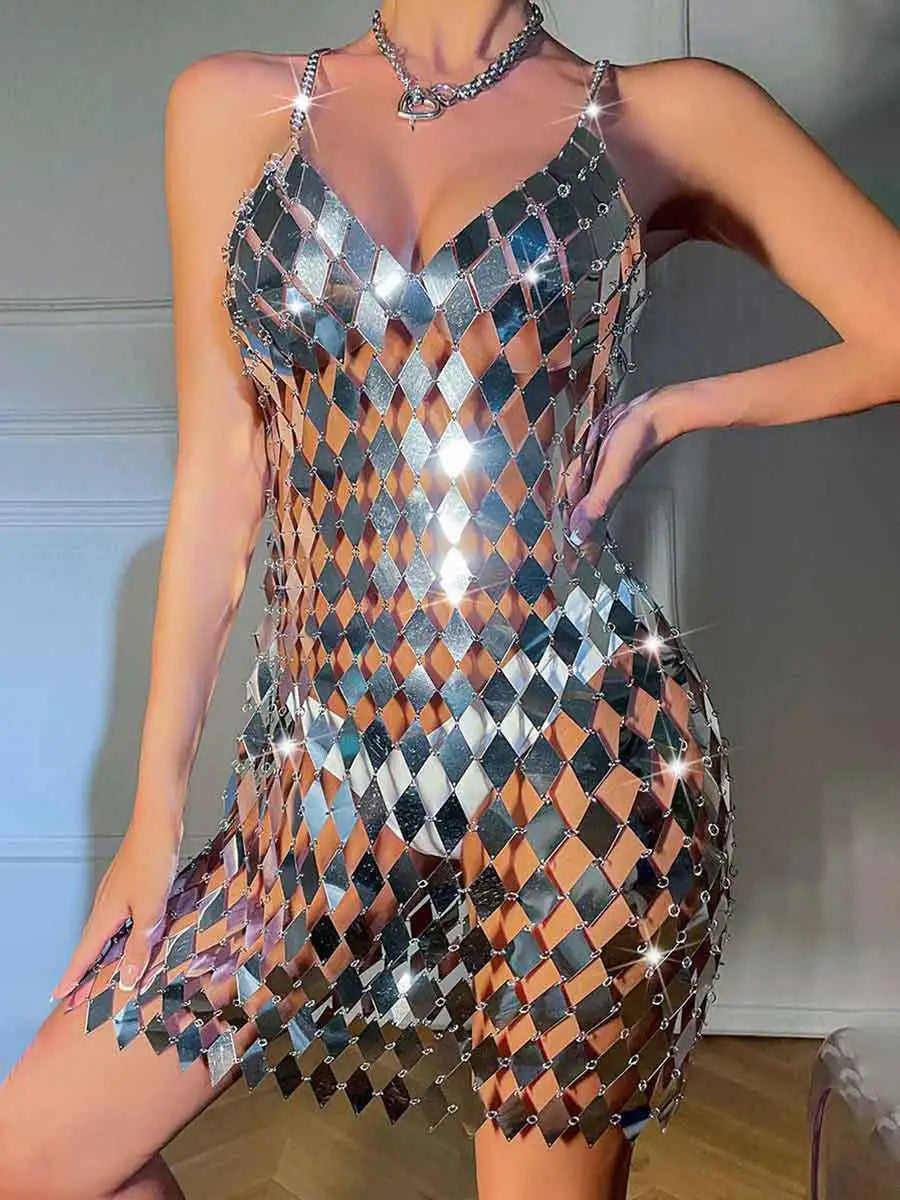 V-neck Backless Rhombus Silver Sequin Disco Dress