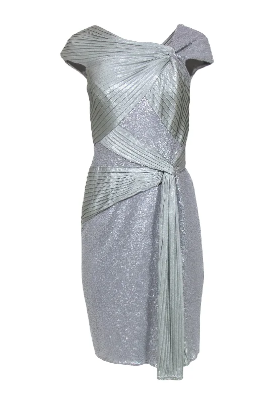 Tadashi Shoji - Silver Pleated Sash & Sequined Sheath Dress Sz S