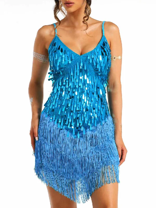 Thin Strap Blue Sequin Tassel Dress