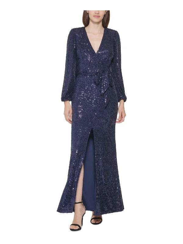 VINCE CAMUTO Womens Navy Sequined Zippered Shoulder Pads Blouson Sleeve V Neck Full-Length Evening Gown Dress