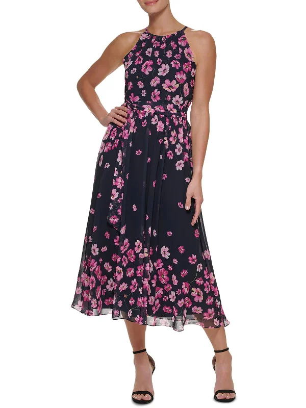 Womens Floral Print Tea Length Midi Dress