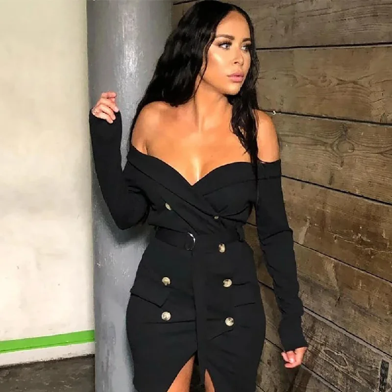 Long Sleeve Bodycon Off Shoulder Belt Dress