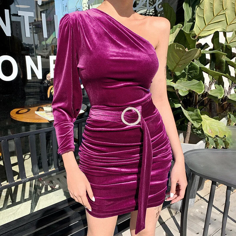 One Shoulder Bodycon Velvet Ruched Belt Dress