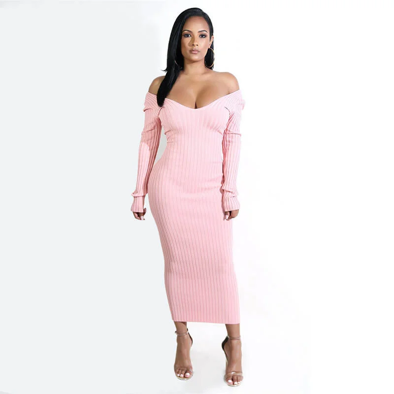 Plain V Neck Knit Bodycon Dress