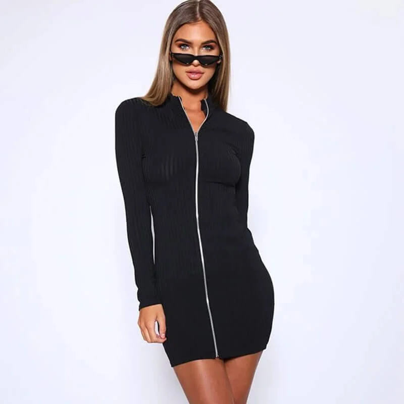 Ribbed Zipper Bodycon Dress