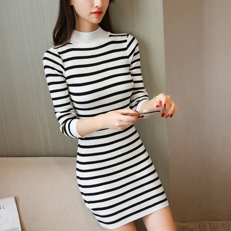 Turtleneck Striped Knit Bodycon Dress