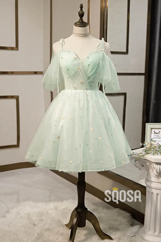 A-line Mint Green Tulle Appliques Short Homecoming Dress Pageant Dress QH2104