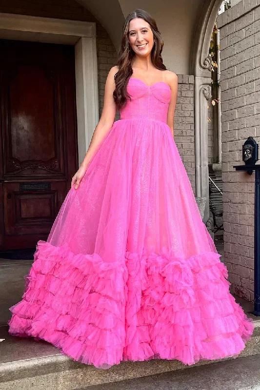 Hot Pink Sweetheart A-Line Tulle Tiered Long Prom Dress Evening Gown,DP1267