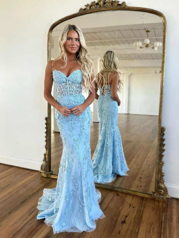 Blue Sweetheart Neck Tulle Mermaid Appliques Long Prom Dress,DP1218