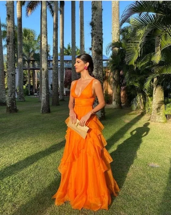 Orange V Neck A-Line Tulle Long Prom Dress,DP1190